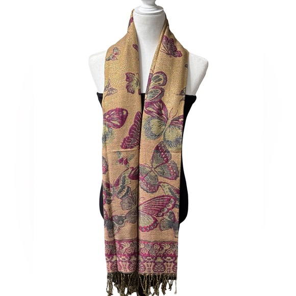Blue Pink Fuchsia Gold Metallic Fringed Butterfly Shawl Wrap/ Scarf NEW - Picture 8 of 10